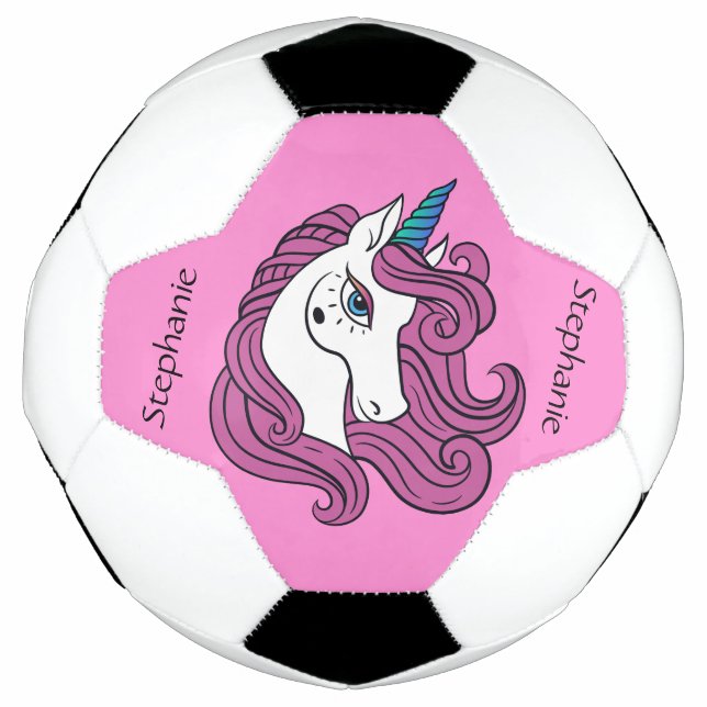 Cute Unicorn custom name & colour soccer ball (Front)