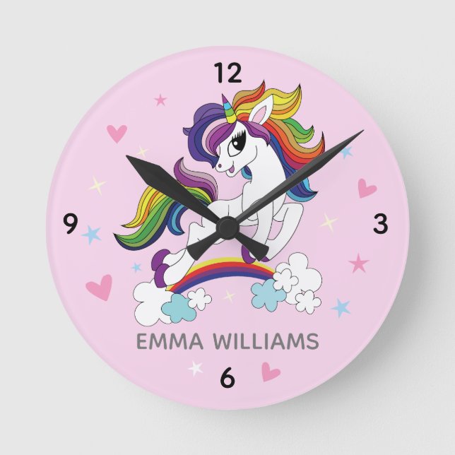 Cute Unicorn custom Name Pink Wall Round Clock (Front)