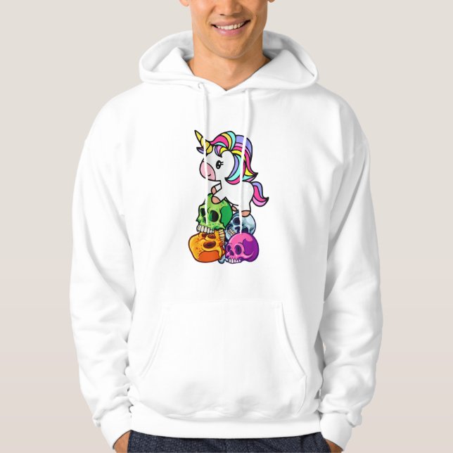 Cute Unicorn & Dead Skulls. Funny Goth Emo Hallowe Hoodie (Front)