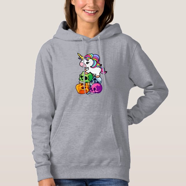 Cute Unicorn & Dead Skulls. Funny Goth Emo Hallowe Hoodie (Front)