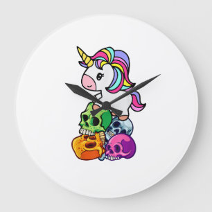 Cute Unicorn & Dead Skulls. Funny Goth Emo Hallowe Large Clock