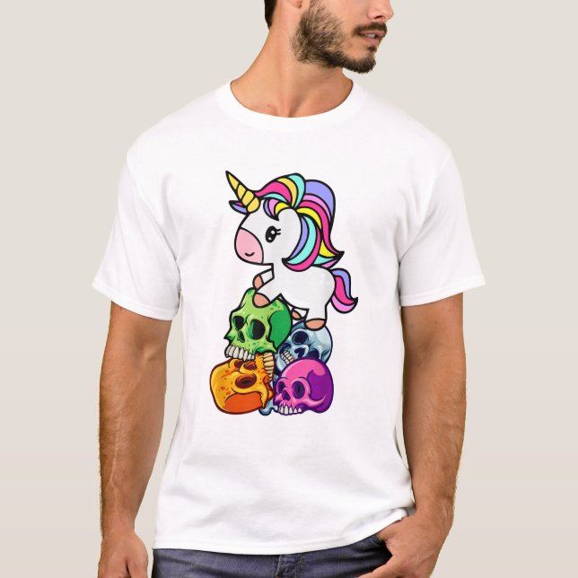 Cute Unicorn & Dead Skulls. Funny Goth Emo Hallowe T-Shirt (Front)