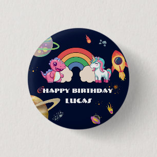 Cute Unicorn Dinosaur Galaxy Rocket birthday party 3 Cm Round Badge