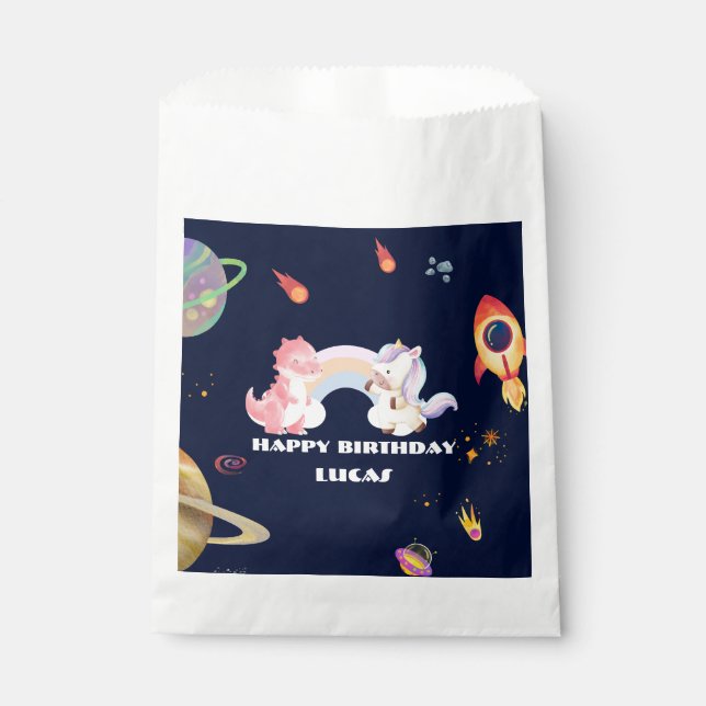 Cute Unicorn Dinosaur Galaxy Rocket birthday party Favour Bags (Front)