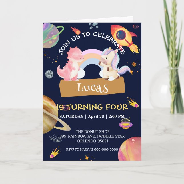 Cute Unicorn Dinosaur Galaxy Rocket birthday party Invitation (Front)
