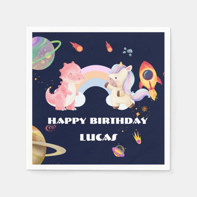 Cute Unicorn Dinosaur Galaxy Rocket birthday party Napkin (Front)