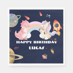 Cute Unicorn Dinosaur Galaxy Rocket birthday party Napkin