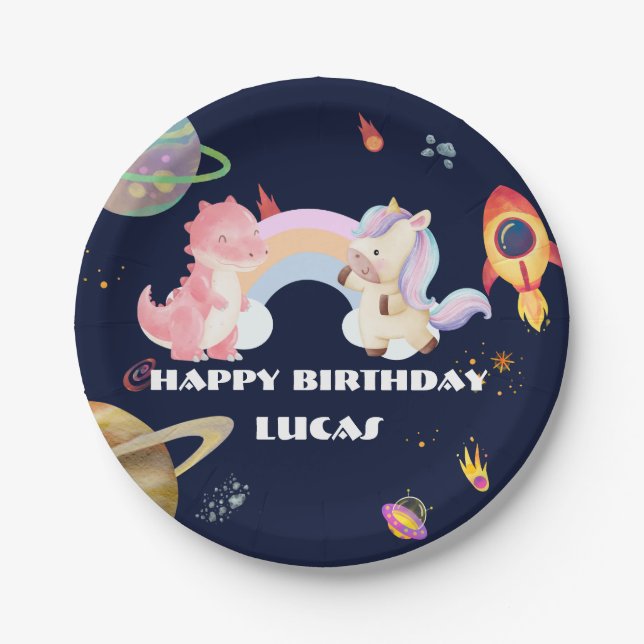 Cute Unicorn Dinosaur Galaxy Rocket birthday party Paper Plate (Front)