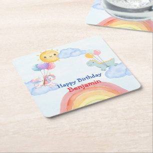 Cute unicorn Dinosaur rainbow Balloon Birthday Square Paper Coaster