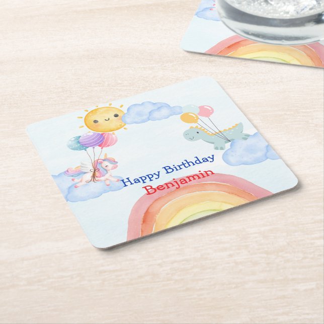 Cute unicorn Dinosaur rainbow Balloon Birthday Square Paper Coaster (Angled)