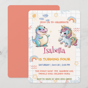 Cute unicorn Dinosaur rainbow flower Birthday kids Invitation