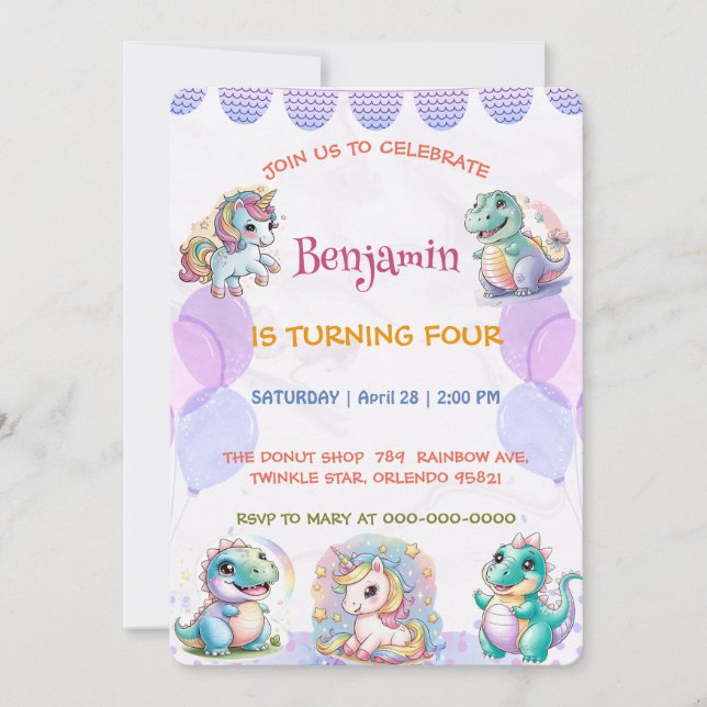 Cute unicorn Dinosaur rainbow friend Birthday kids Invitation (Front)