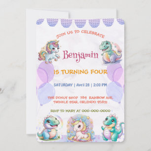 Cute unicorn Dinosaur rainbow friend Birthday kids Invitation