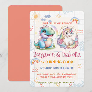 Cute unicorn Dinosaur rainbow friends Birthday par Invitation