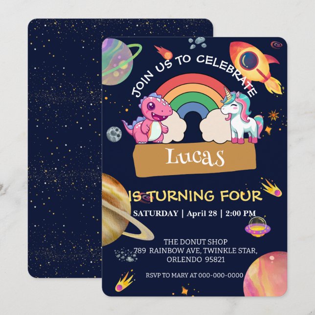 Cute Unicorn Dinosaur rainbow space birthday party Invitation (Front/Back)