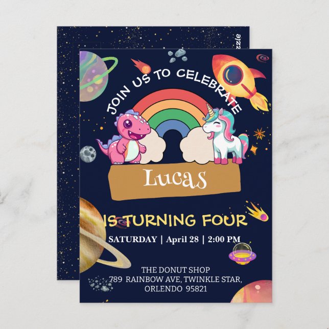 Cute Unicorn Dinosaur rainbow space birthday party Postcard (Front/Back)