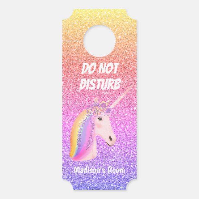 Cute Unicorn Do Not Disturb Rainbow Glitter Name Door Hanger (Front)