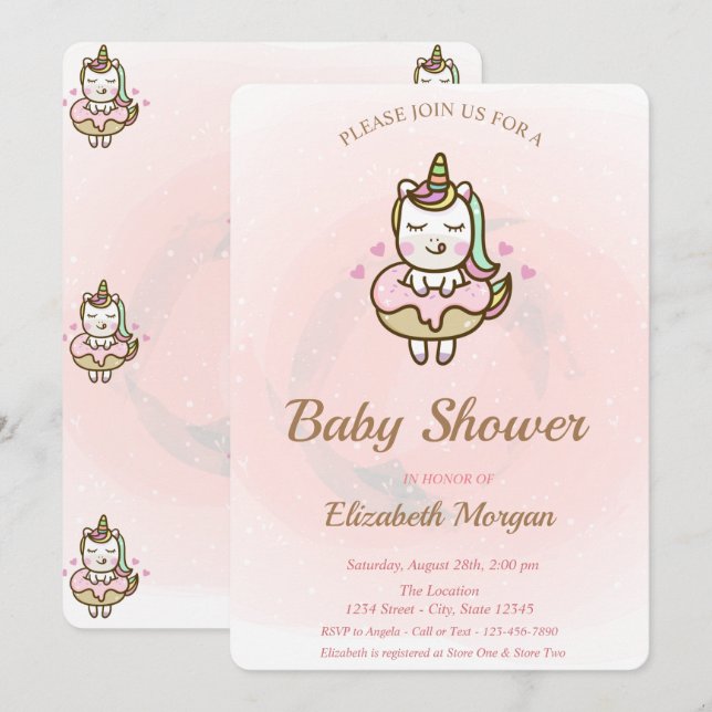 Cute Unicorn, Doughnut Baby Shower Invitation (Front/Back)