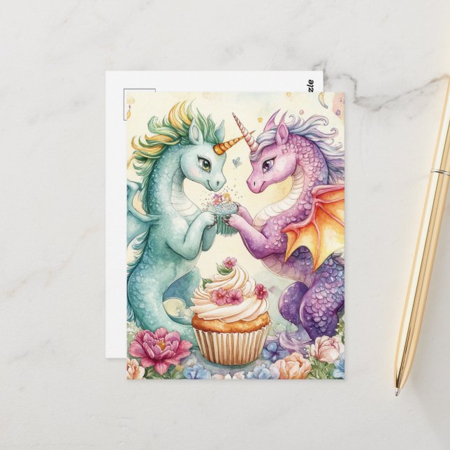 Cute Unicorn Dragons With Cupcake and Flowers Postcard (Front/Back In Situ)
