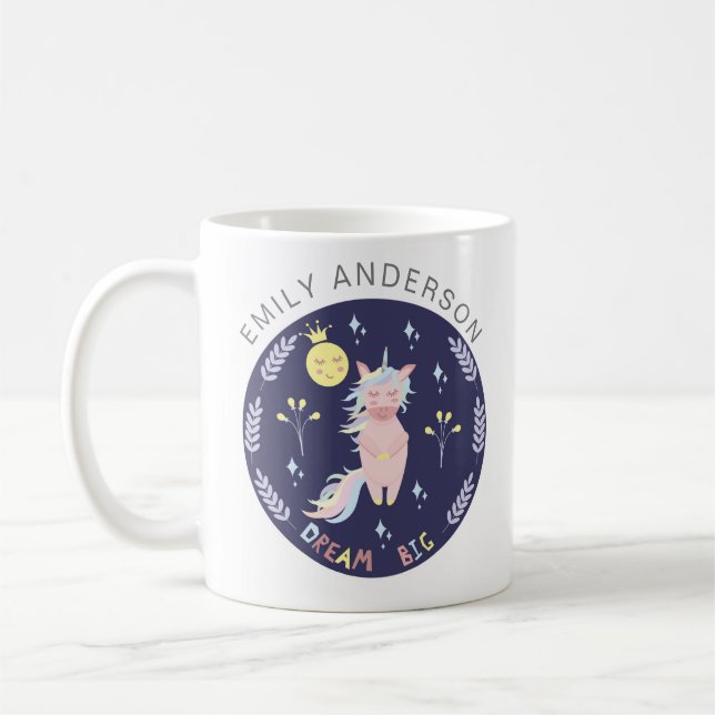Cute unicorn dream big navy blue coffee mug (Left)
