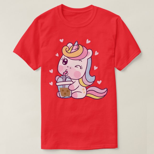 Cute Unicorn Drinking Bubble Tea T-Shirt (Design Front)