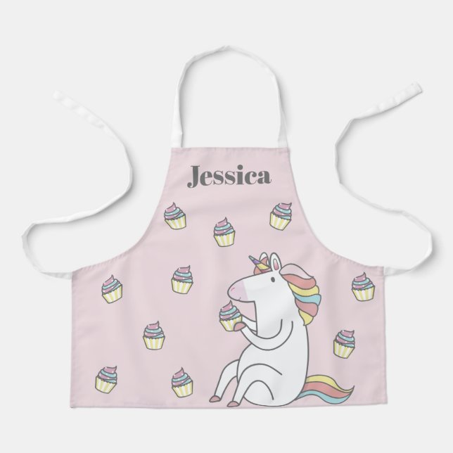 Cute Unicorn Eating Cupcake Pink Personalised Apron (Front)