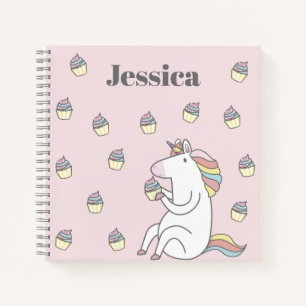 Cute Unicorn Eating Cupcake Pink Personalised Notebook