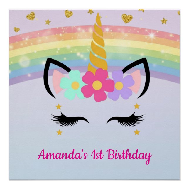 Cute Unicorn Face Floral 1st Birthday Glossy Poster (Front)