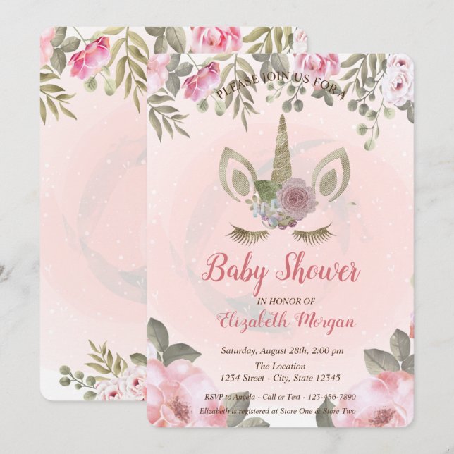 Cute Unicorn Face, Floral Baby Shower Invitation (Front/Back)