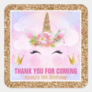 Cute Unicorn Face & Gold Glitter Birthday Square Sticker