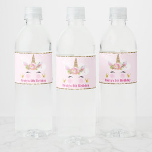 Cute Unicorn Face & Gold Glitter Birthdayl Water Bottle Label