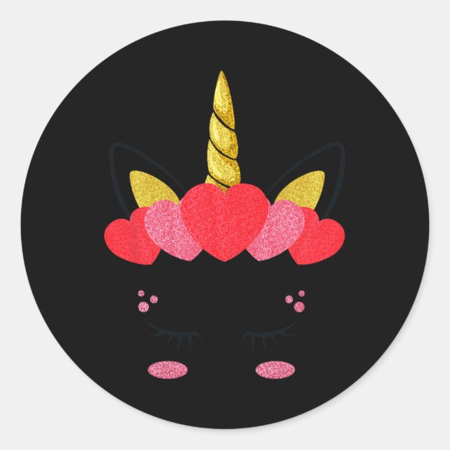 Cute Unicorn Face Hearts Valentines Day Girls Kids Classic Round Sticker (Front)