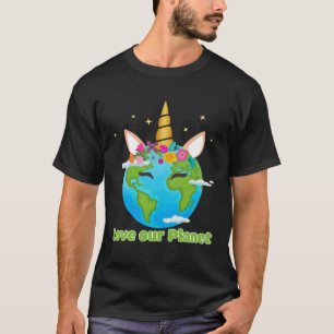 Cute Unicorn Face Love Our Planet Earth Day Girls  T-Shirt