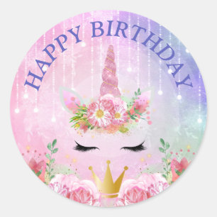 Cute Unicorn Face & Pink Flowers Birthday Classic Round Sticker