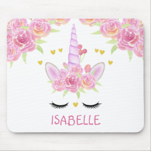 Cute Unicorn Face Pink Flowers Gold Hearts  Mouse  Mat