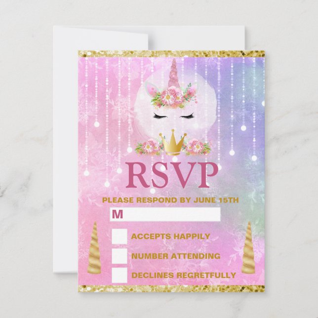 Cute Unicorn Face Pink Flowers Quinceañera RSVP Card (Front)