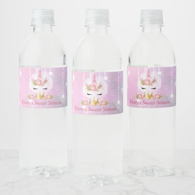 Cute Unicorn Face Pink Flowers Sweet Sixteen Water Bottle Label (Bottles)