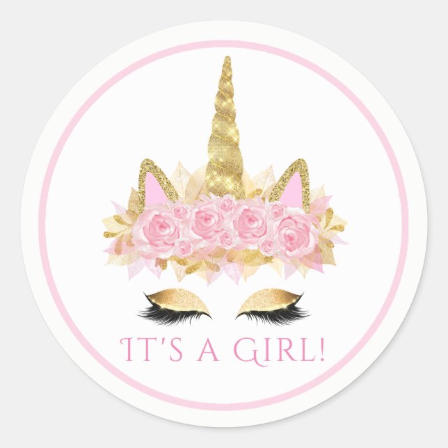 Cute Unicorn Face Pink Gold Baby Shower Stickers (Front)