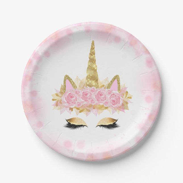 Cute Unicorn Face Pink Gold Paper Plates (Front)