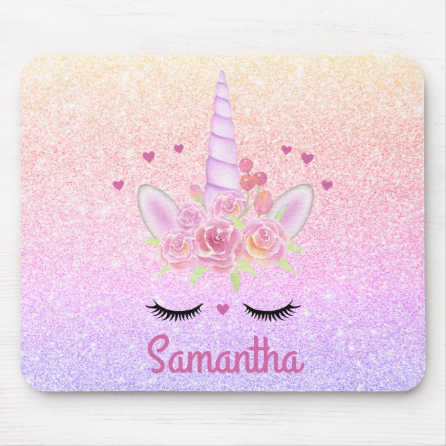 Cute Unicorn Face Rainbow Glitter Pink Hearts  Mouse Mat (Front)