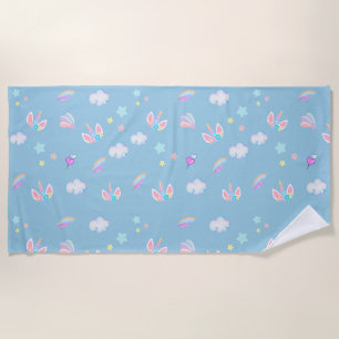 Cute Unicorn face rainbow gradient birthday party  Beach Towel