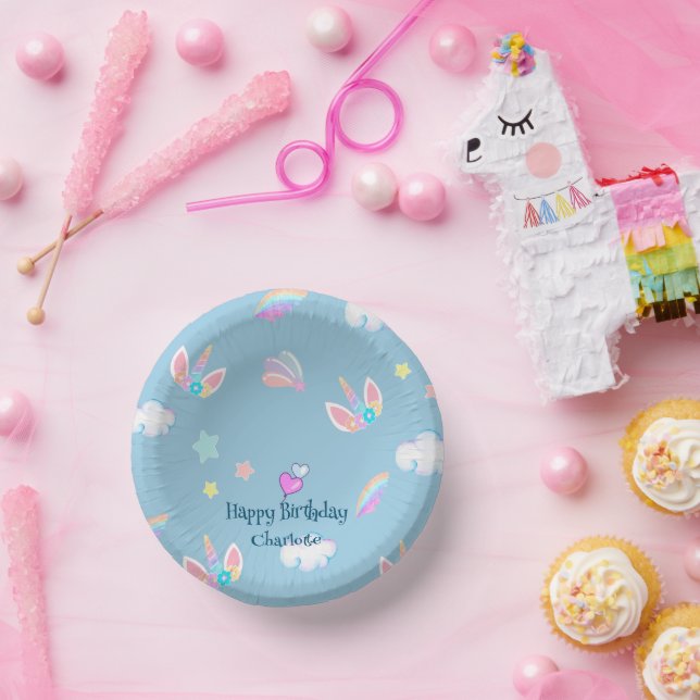 Cute Unicorn face rainbow gradient birthday party  Paper Plate (Party)
