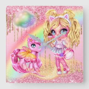Cute unicorn fairy girl rainbow glitter fantasy square wall clock