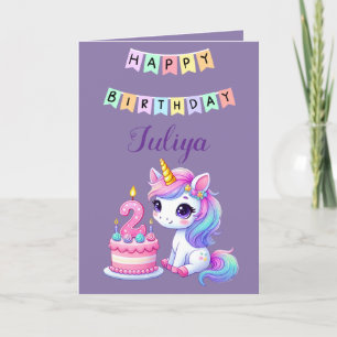 Cute unicorn family photo purple 2nd birthday card