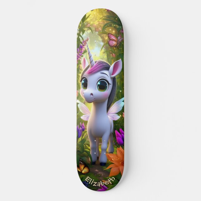 Cute Unicorn Fantasy Forest Cool Children Art Skateboard (Front)