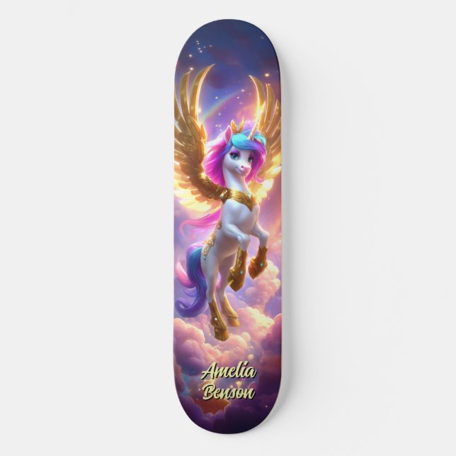 Cute Unicorn Fantasy Land Cool Children Art Skateboard (Front)