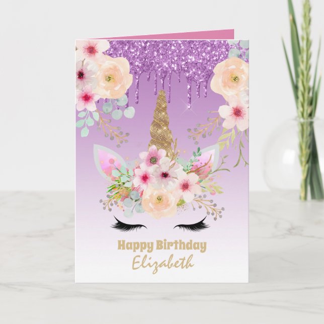 Cute Unicorn Fantasy Pretty Girly Lilac Gold Named Card (Front)