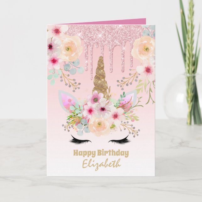 Cute Unicorn Fantasy Pretty Girly Pink Gold Named Card (Front)