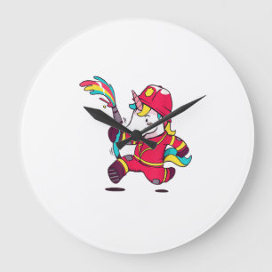 Cute Unicorn Firefighter Cartoon Rainbow T-Shirt Large Clock