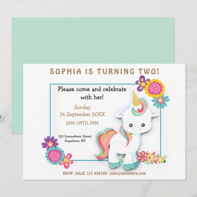 Cute Unicorn Floral Girl 2nd Birthday Invitation (Front/Back)